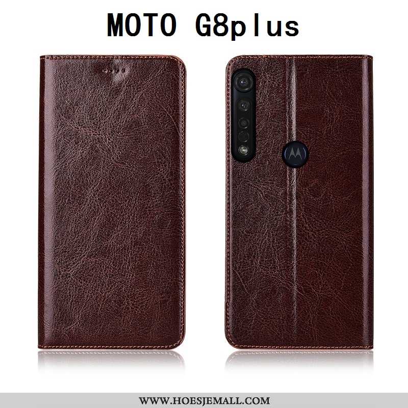 Hoes Moto G8 Plus Leren Hoesje Echt Leer Folio Zacht Anti-fall Siliconen Bruin