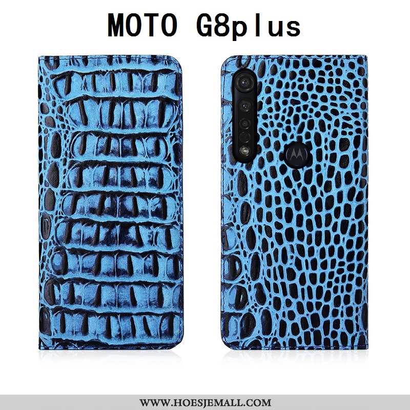 Hoes Moto G8 Plus Leren Hoesje Echt Leer Zacht Mobiele Telefoon Folio Bescherming All Inclusive Blau