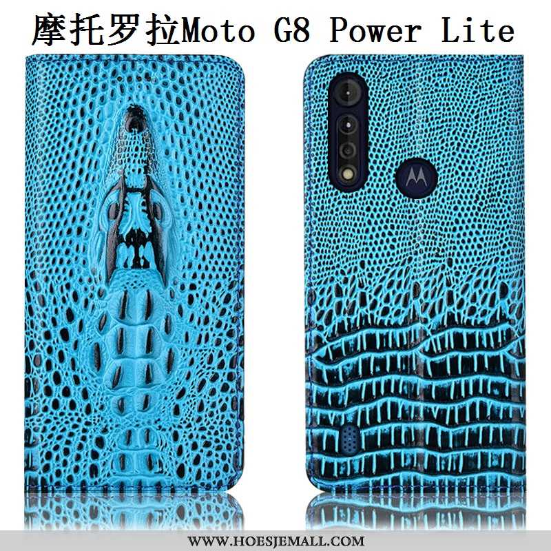 Hoes Moto G8 Power Lite Bescherming Echt Leer Mobiele Telefoon Hoesje Anti-fall Folio Blauwe