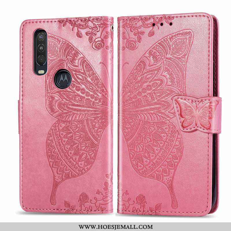 Hoes Motorola One Action Bescherming Leren Hoesje Reliëf Bloemen Roze Hanger