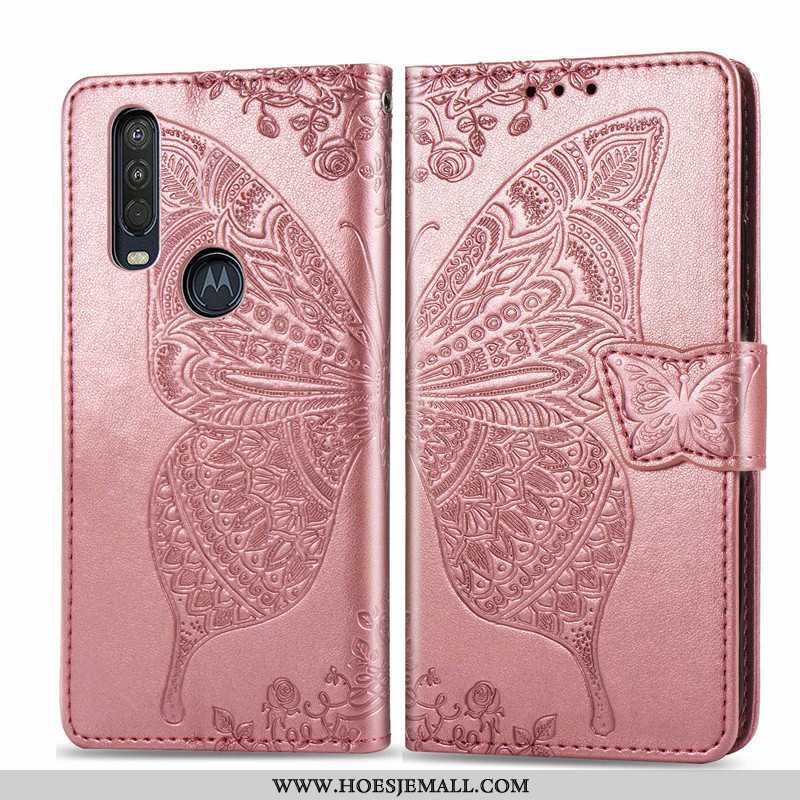 Hoes Motorola One Action Bescherming Leren Hoesje Reliëf Bloemen Roze Hanger