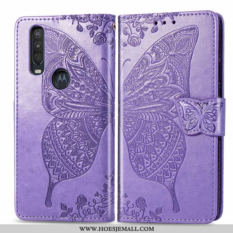 Hoes Motorola One Action Bescherming Leren Hoesje Reliëf Bloemen Roze Hanger