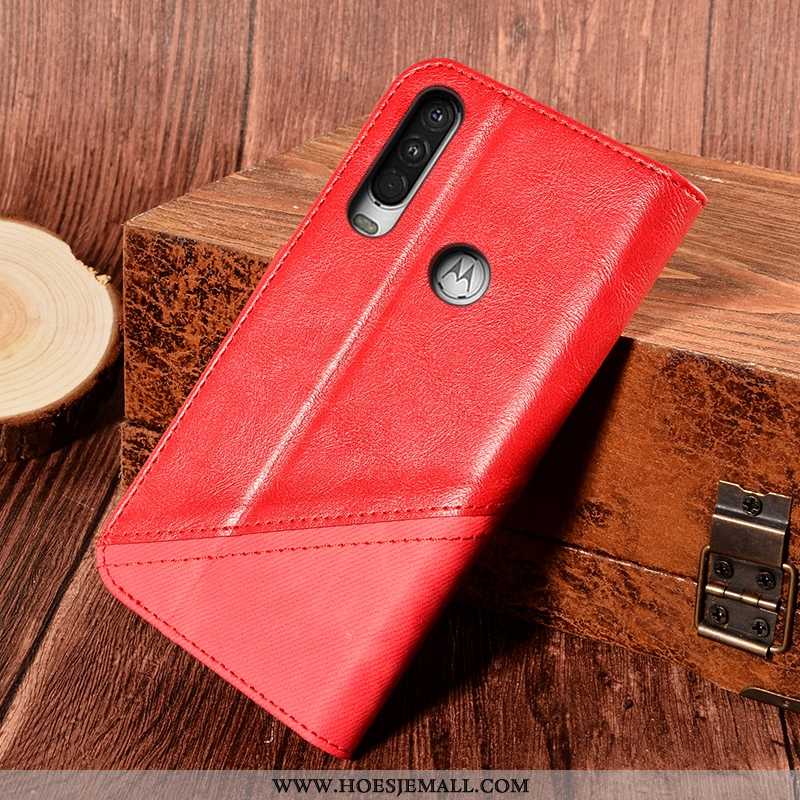 Hoesje Motorola One Action Leren Bescherming Mobiele Telefoon Rood Anti-fall Kaart All Inclusive