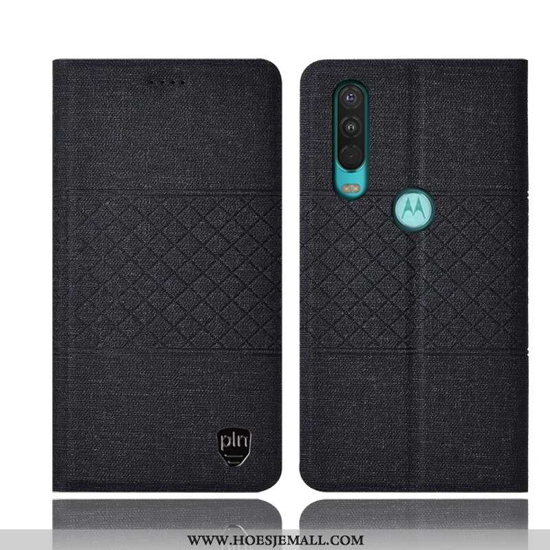 Hoes Motorola One Action Leren Hoesje Bescherming Zwart Folio All Inclusive Katoen En Linnen Zwarte