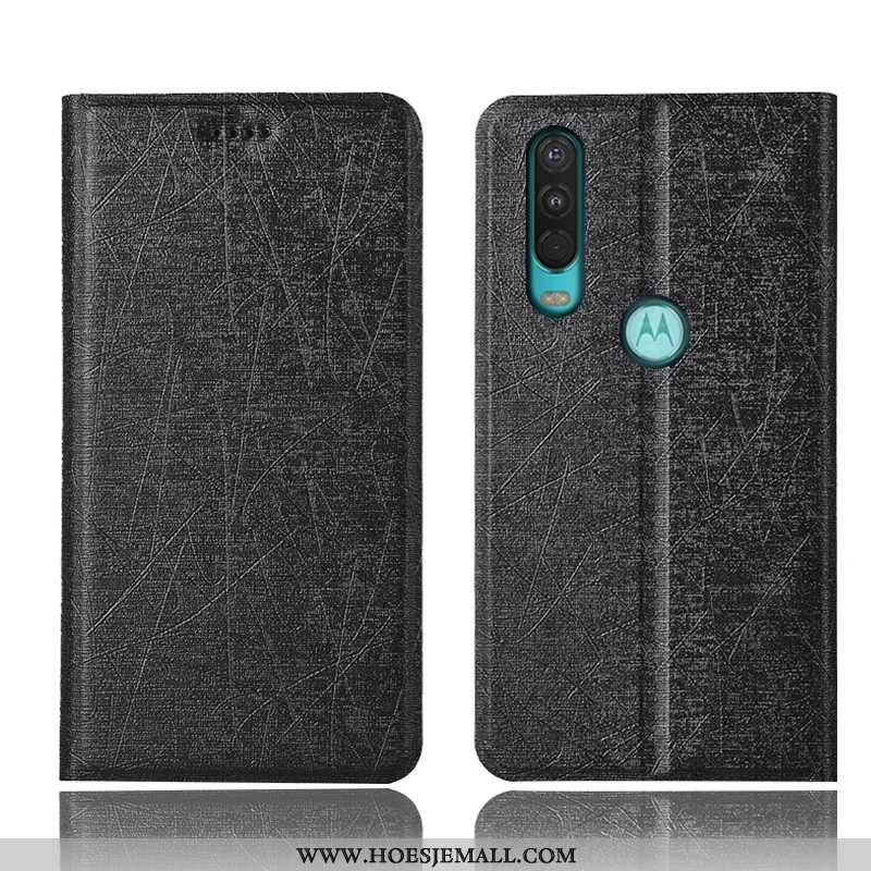 Hoes Motorola One Action Bescherming Leren Hoesje Zijde Zwart All Inclusive Folio Zwarte