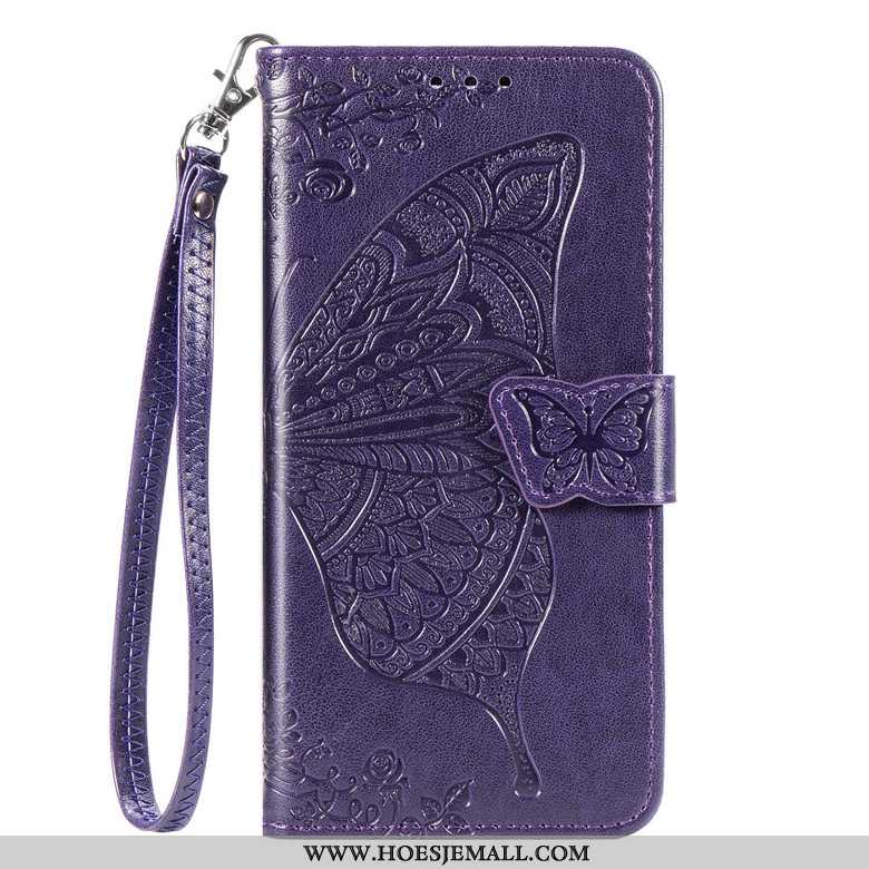 Hoes Motorola One Action Bescherming Leren Hoesje Mobiele Telefoon Folio Purper Vlinder