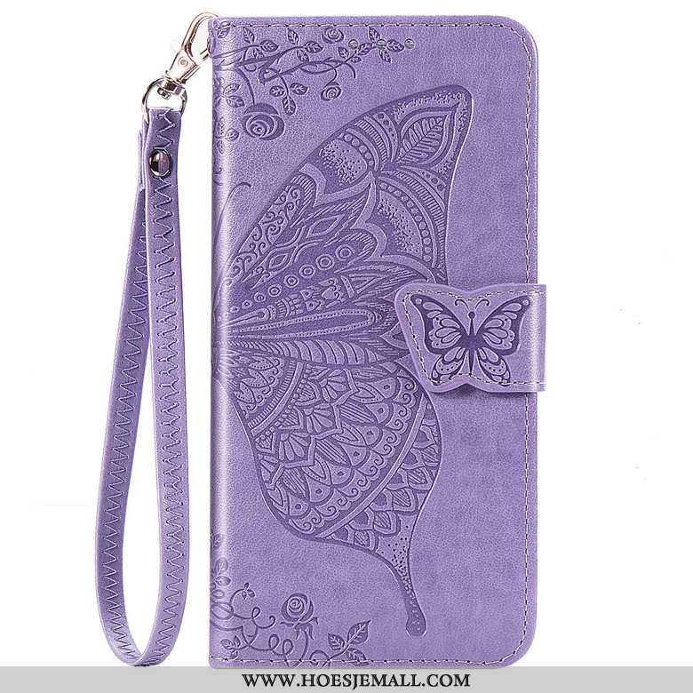 Hoes Motorola One Action Bescherming Leren Hoesje Mobiele Telefoon Folio Purper Vlinder