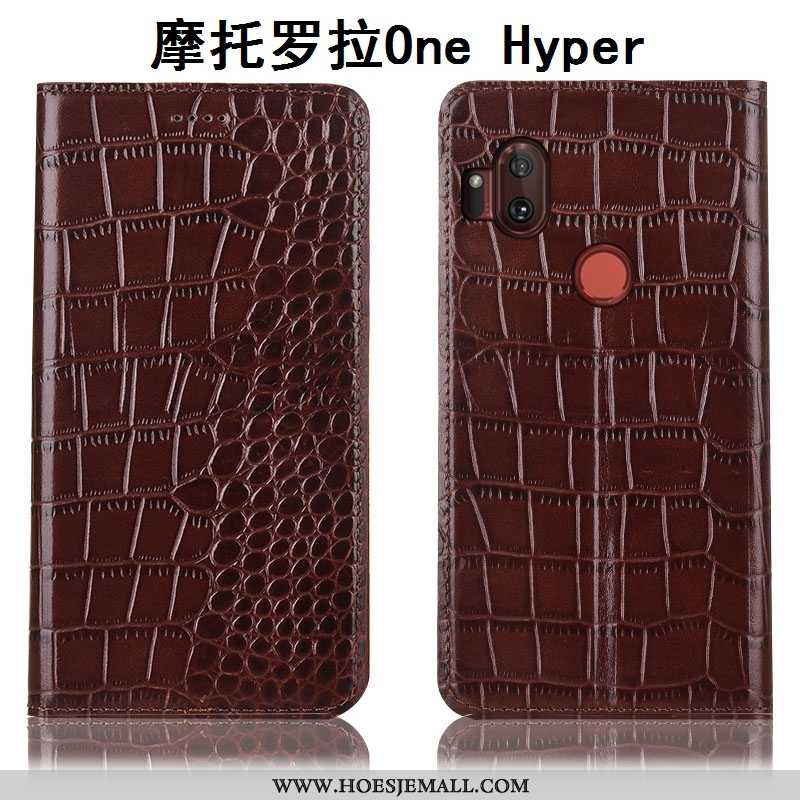 Hoesje Motorola One Hyper Leren Bescherming Mobiele Telefoon Anti-fall Folio Krokodil Bruin