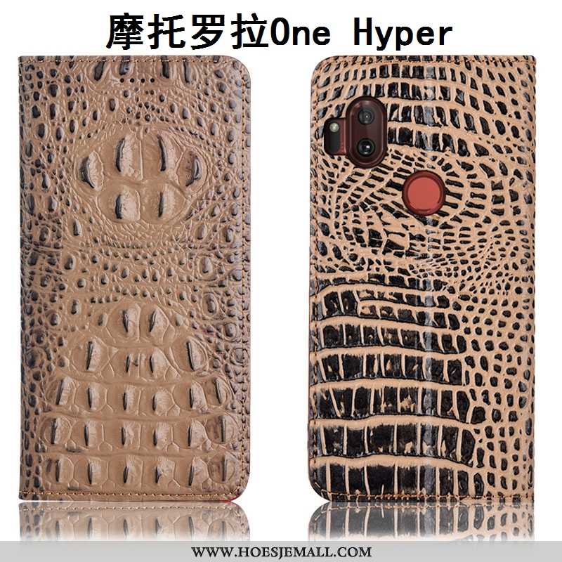 Hoesje Motorola One Hyper Bescherming Leren Anti-fall Krokodil Folio Mobiele Telefoon Bruin