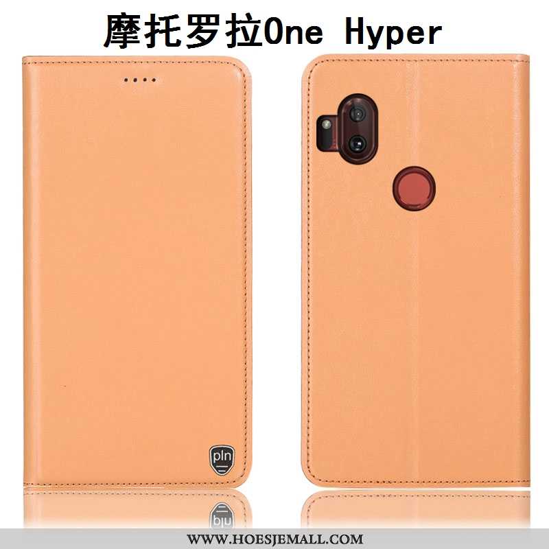 Hoes Motorola One Hyper Echt Leer Patroon Folio Anti-fall Oranje Mobiele Telefoon