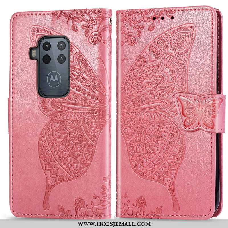 Hoesje Motorola One Zoom Reliëf Bescherming Hoes Vlinder Leren Bloemen Roze