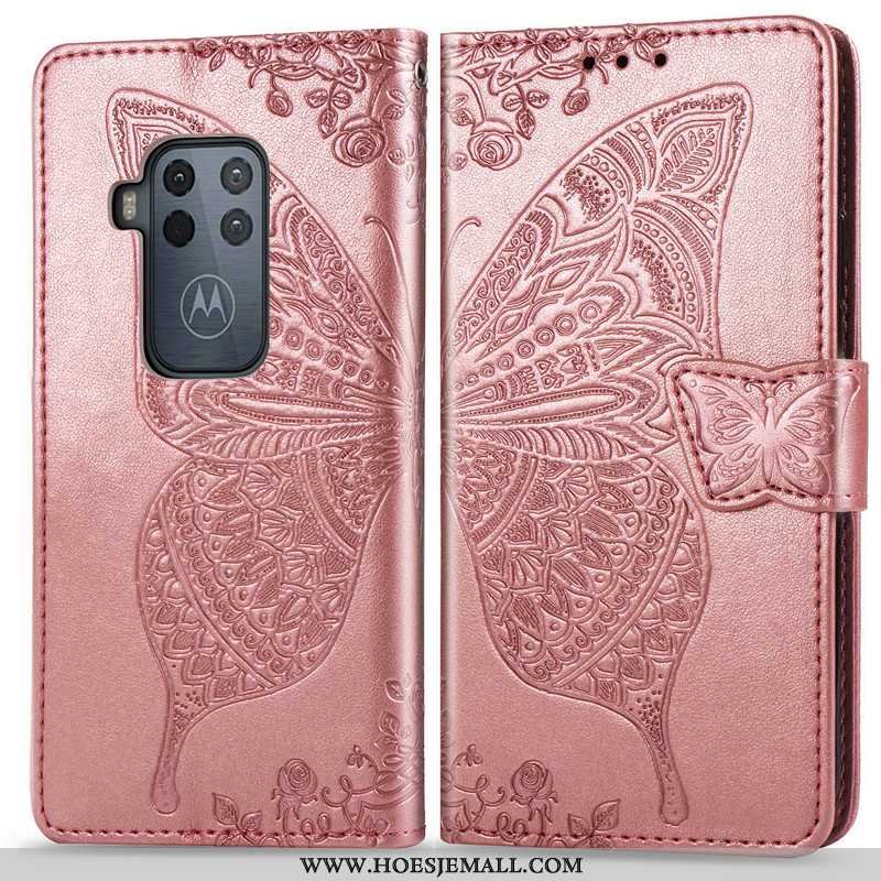 Hoesje Motorola One Zoom Reliëf Bescherming Hoes Vlinder Leren Bloemen Roze