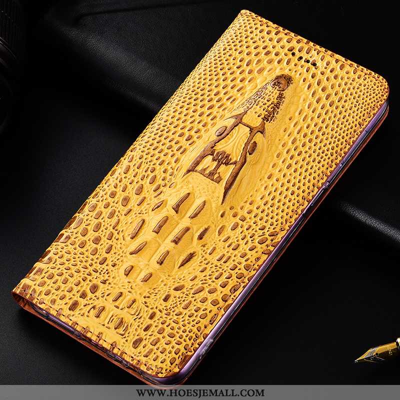Hoes Nokia 1 Plus Echt Leer Bescherming Geel Krokodil Folio Mobiele Telefoon Hoesje