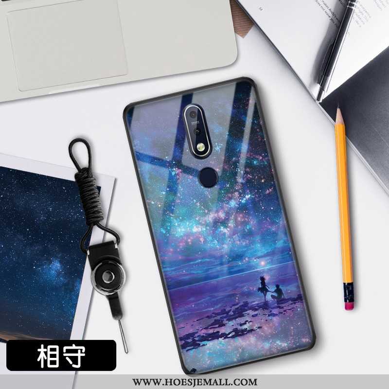 Hoes Nokia 7.1 Trend Bescherming Hoesje Sterrenhemel Glas Mobiele Telefoon Blauwe