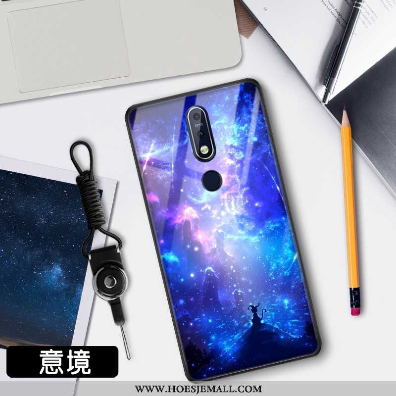 Hoes Nokia 7.1 Trend Bescherming Hoesje Sterrenhemel Glas Mobiele Telefoon Blauwe