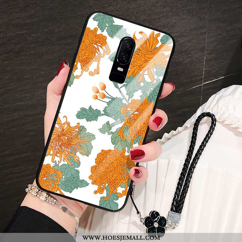 Hoes Oneplus 6 Bescherming Glas Mode Zwart Bloemen Hoesje Zwarte