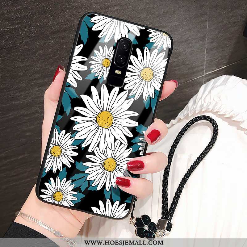 Hoes Oneplus 6 Bescherming Glas Mode Zwart Bloemen Hoesje Zwarte