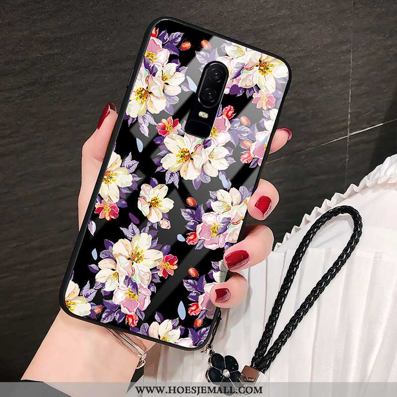 Hoes Oneplus 6 Bescherming Glas Mode Zwart Bloemen Hoesje Zwarte