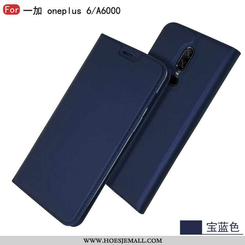 Hoesje Oneplus 6 Bescherming Leren Kaart Ster Clamshell Ondersteuning Donkerblauwe