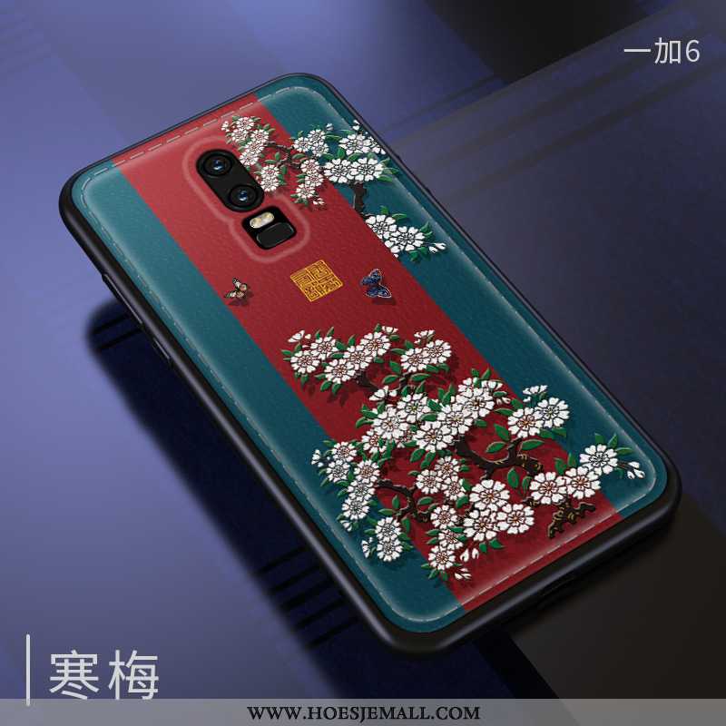 Hoesje Oneplus 6 Vintage Leer Patroon Kwaliteit Mode Chinese Stijl Mobiele Telefoon Rood