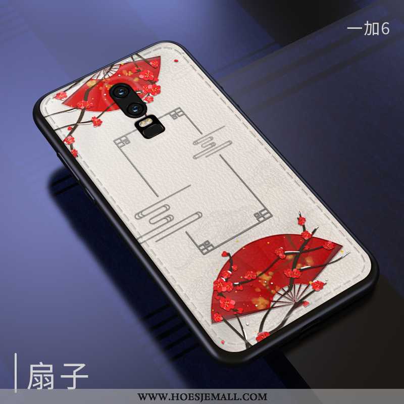 Hoesje Oneplus 6 Vintage Leer Patroon Kwaliteit Mode Chinese Stijl Mobiele Telefoon Rood