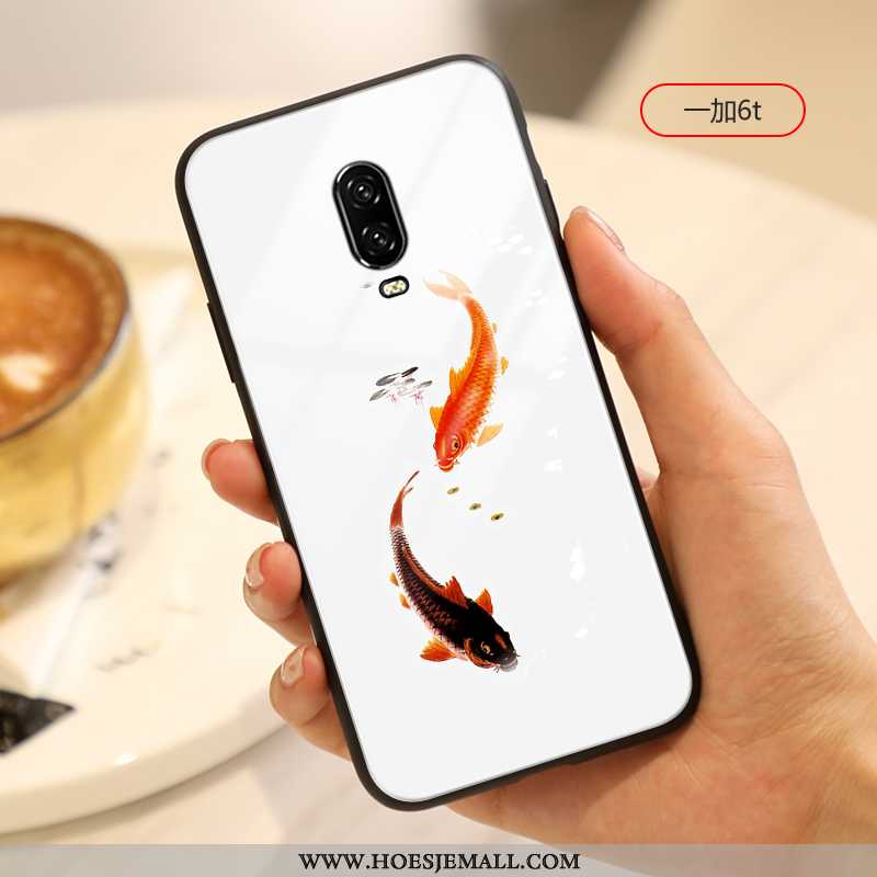 Hoes Oneplus 6t Scheppend Glas Mobiele Telefoon Kunst Anti-fall Net Red Chinese Stijl Witte