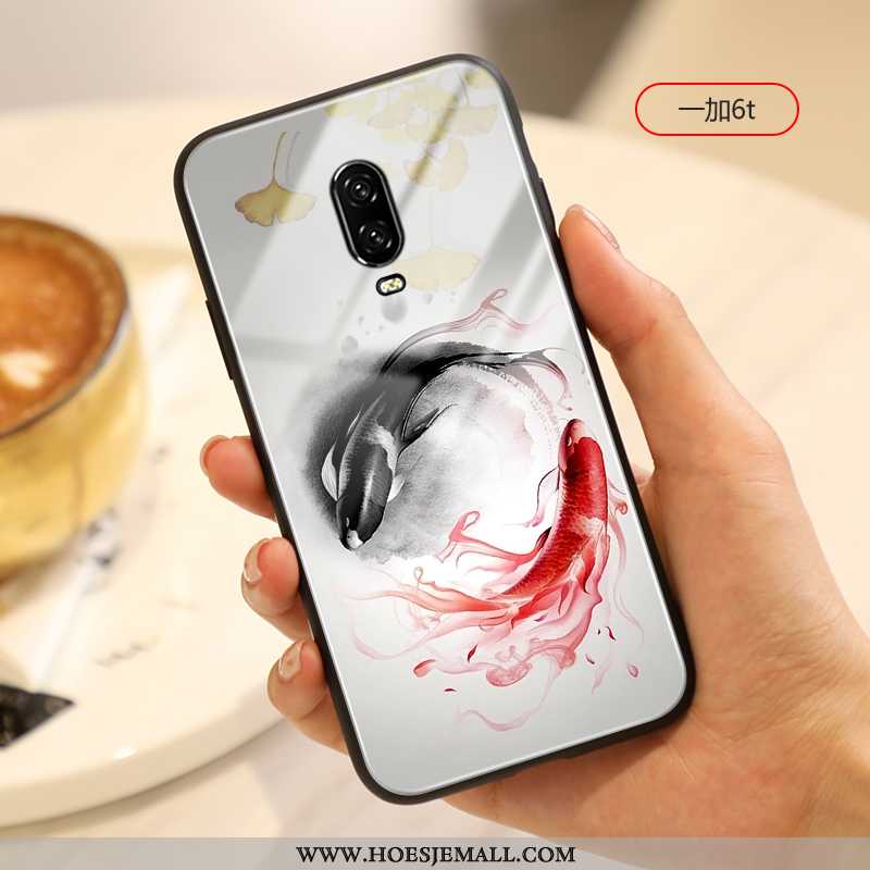 Hoes Oneplus 6t Scheppend Glas Mobiele Telefoon Kunst Anti-fall Net Red Chinese Stijl Witte