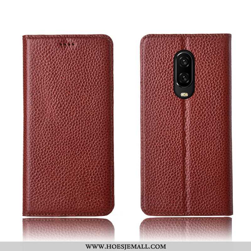 Hoes Oneplus 6t Leren Hoesje Echt Leer Clamshell Anti-fall Zacht Bordeaux