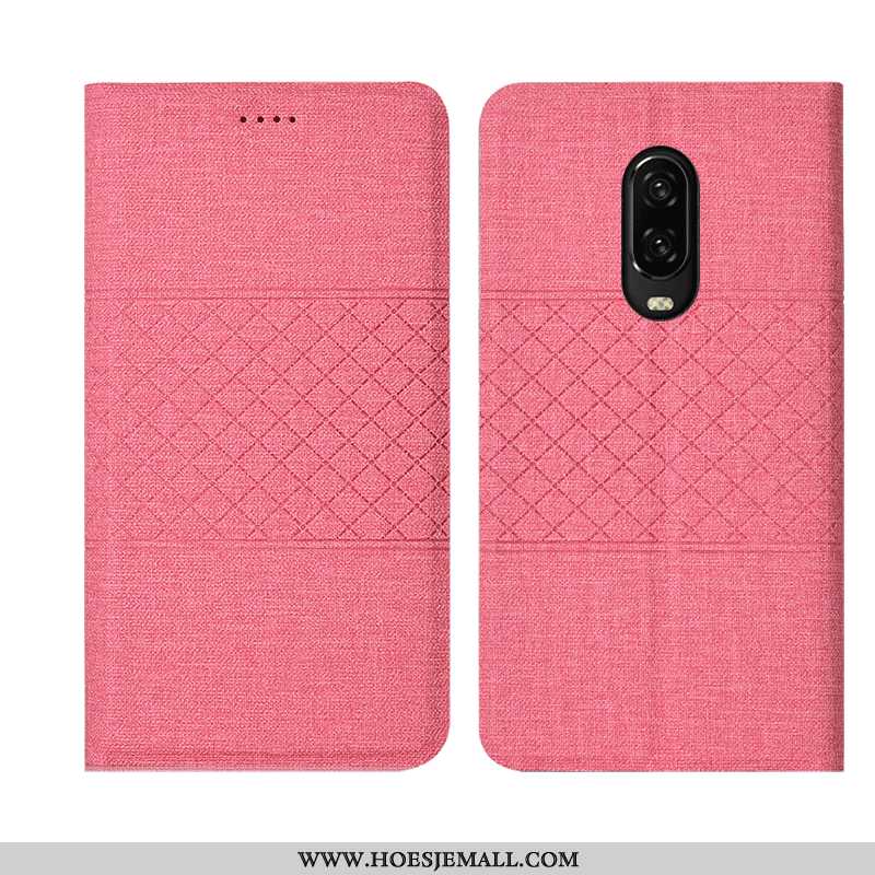 Hoesje Oneplus 6t Katoen En Linnen Leren Mobiele Telefoon All Inclusive Roze Bescherming