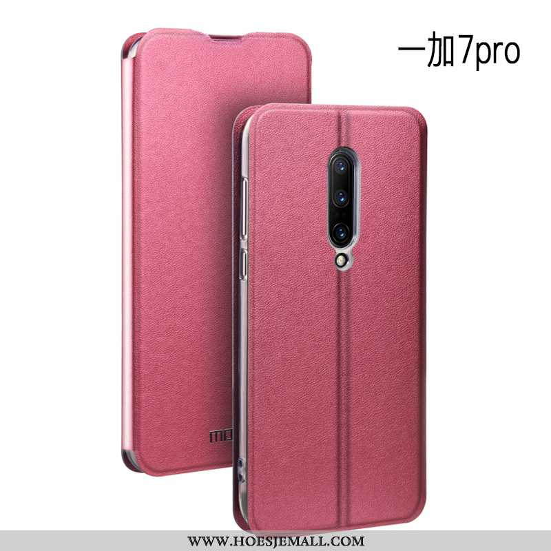 Hoes Oneplus 7 Pro Bescherming Leren Hoesje Mesh Mobiele Telefoon Dun Siliconen Rood