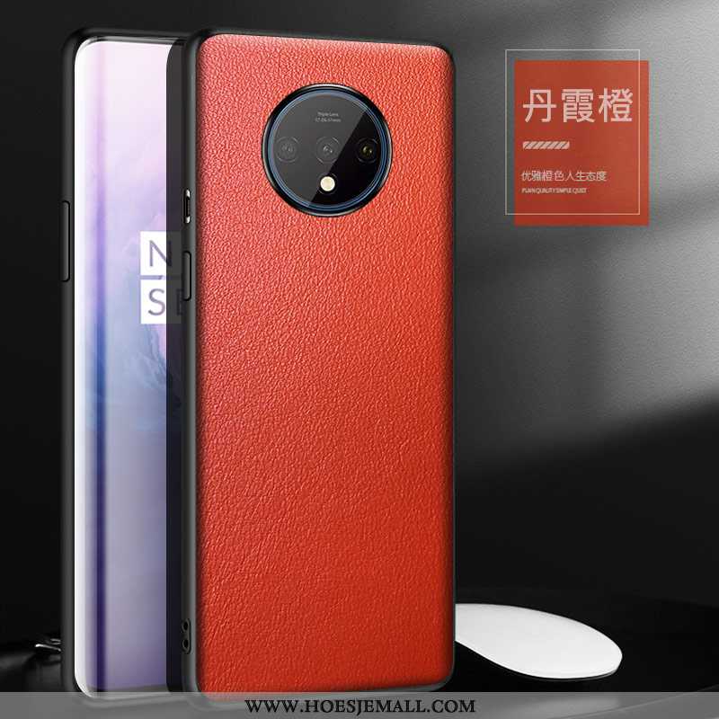 Hoesje Oneplus 7t Bescherming Leren Bedrijf Net Red Oranje All Inclusive Lederen