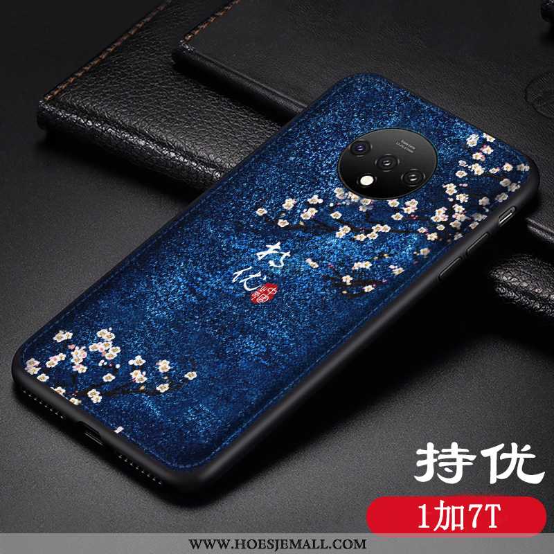 Hoes Oneplus 7t Scheppend Reliëf Vintage Hoesje Persoonlijk Chinese Stijl Patroon Blauwe