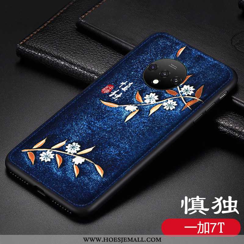 Hoes Oneplus 7t Scheppend Reliëf Vintage Hoesje Persoonlijk Chinese Stijl Patroon Blauwe