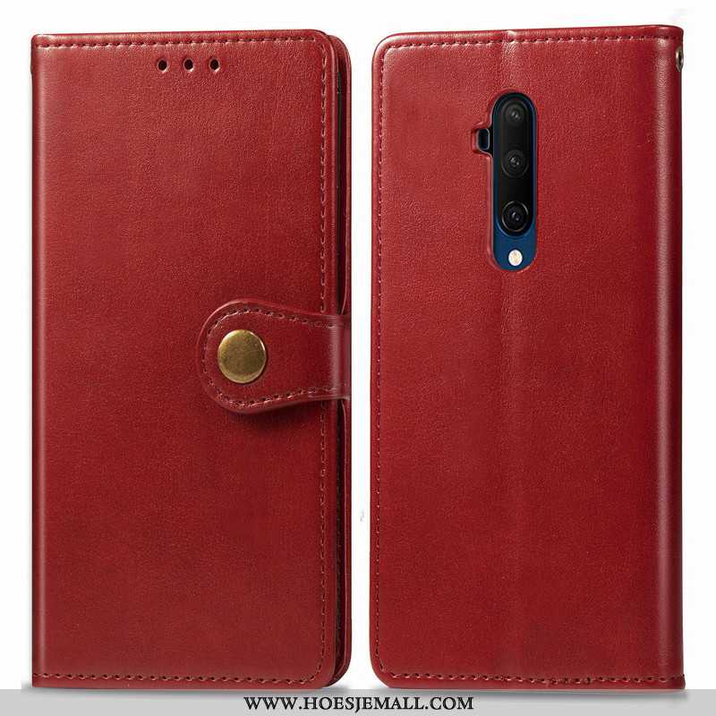 Hoes Oneplus 7t Pro Leren Hoesje Hanger Bedrijf Eenvoudige Folio Leer Rood