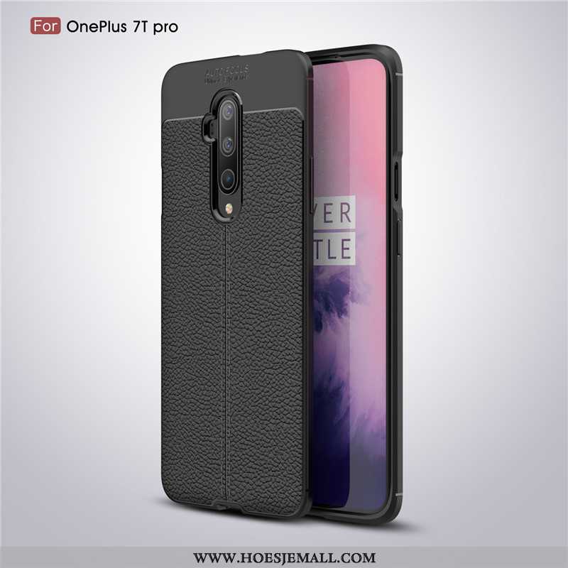 Hoesje Oneplus 7t Pro Leer Patroon Antislip Zacht Mobiele Telefoon Bedrijf Zwarte