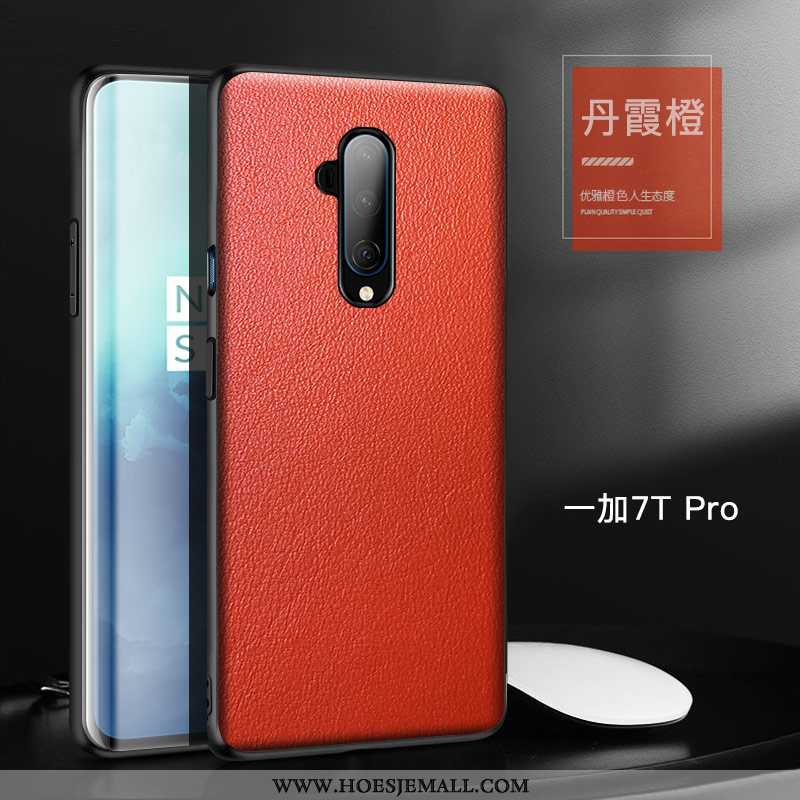 Hoes Oneplus 7t Pro Bescherming Leren Hoesje Anti-fall Koe Leer All Inclusive Oranje