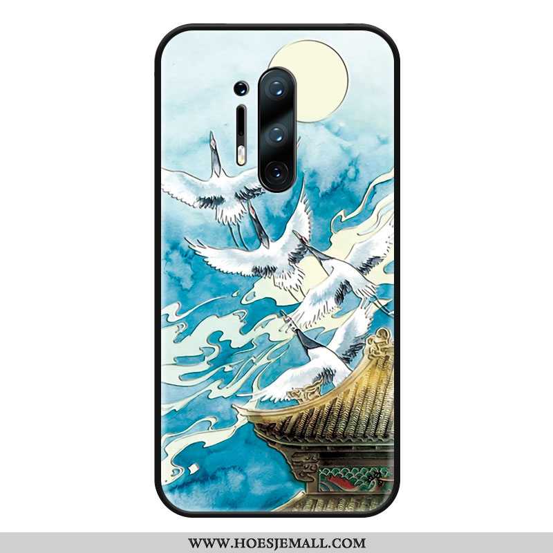 Hoes Oneplus 8 Pro Reliëf Bescherming Kraanvogel Mobiele Telefoon Blauw Hoesje Chinese Stijl Blauwe