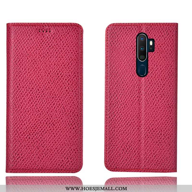 Hoesje Oppo A5 2020 Bescherming Leren Folio Patroon Hoes Mesh Donkerblauwe