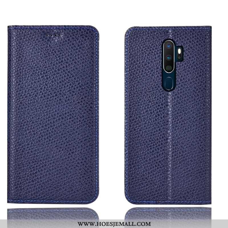 Hoesje Oppo A5 2020 Bescherming Leren Folio Patroon Hoes Mesh Donkerblauwe