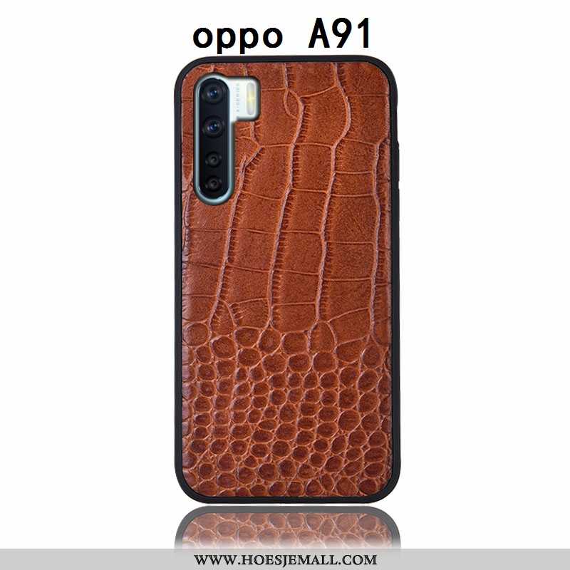 Hoes Oppo A91 Echt Leer Bescherming Bruin All Inclusive Anti-fall Hoesje Bruine