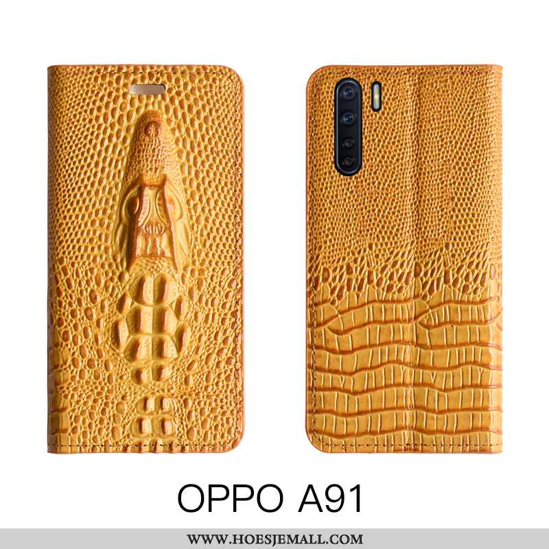 Hoes Oppo A91 Luxe Echt Leer Mobiele Telefoon High End Leren Hoesje Folio Geel
