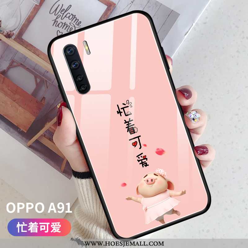 Hoesje Oppo A91 Zacht Siliconen Anti-fall Hanger Super Glas Mobiele Telefoon Roze