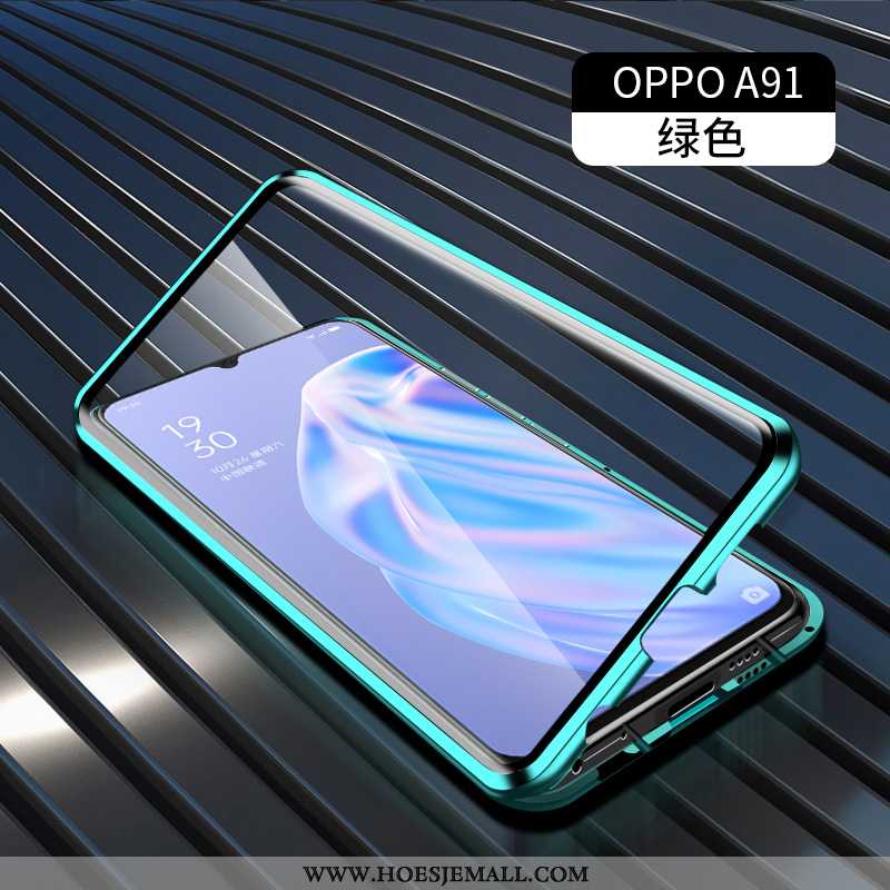 Hoesje Oppo A91 Bescherming Glas Groen Doorzichtig Magnetisch Mobiele Telefoon Omkeerbaar