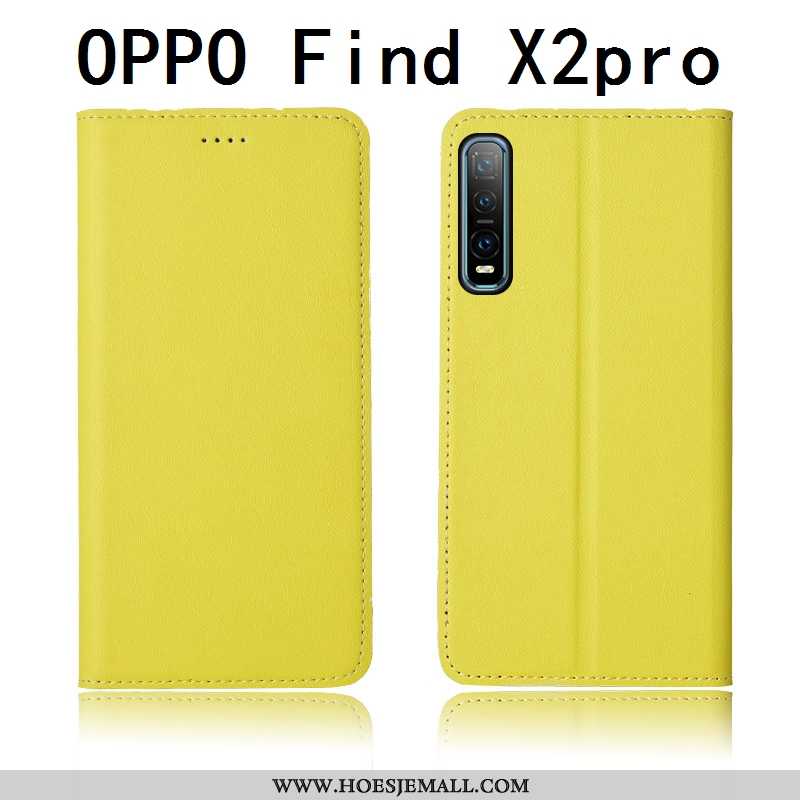 Hoes Oppo Find X2 Pro Echt Leer Zacht Leren Hoesje Clamshell Bescherming Siliconen Geel