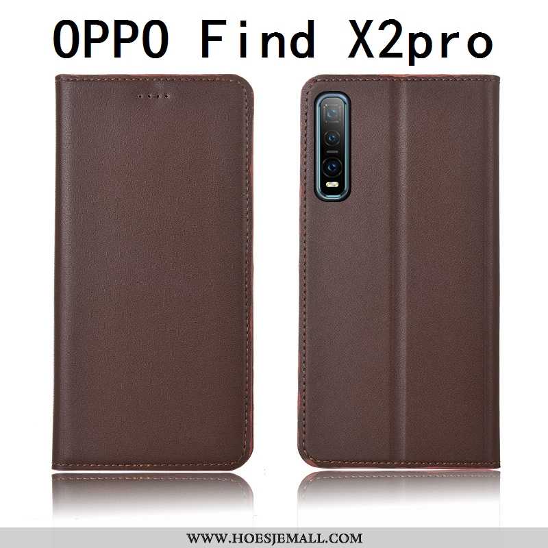 Hoes Oppo Find X2 Pro Echt Leer Zacht Leren Hoesje Clamshell Bescherming Siliconen Geel