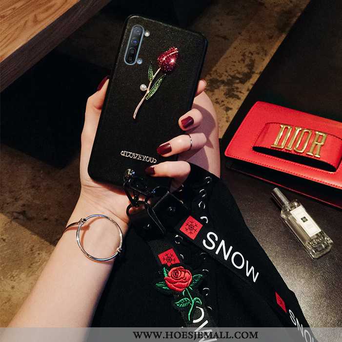 Hoesje Oppo Reno 3 Trend Siliconen Hanger Mobiele Telefoon Rood Zwart Bloemen Zwarte