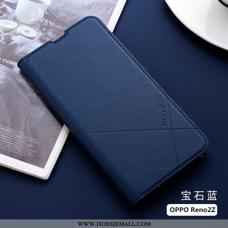 Hoesje Oppo Reno2 Z Bescherming Leren Siliconen Anti-fall All Inclusive Clamshell Blauwe