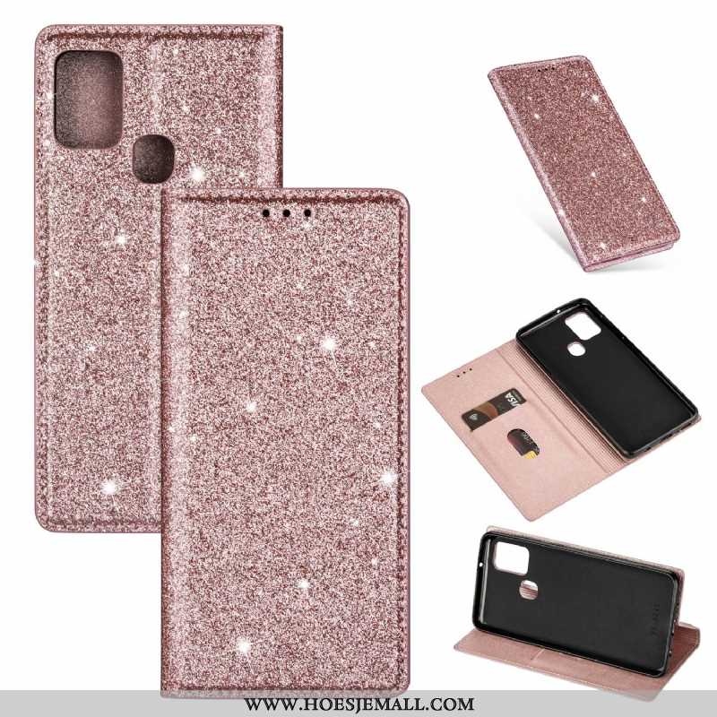 Hoesje Samsung Galaxy A21s Leren Ster Roze Klittenband Clamshell Mobiele Telefoon