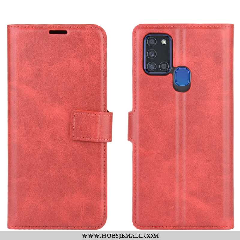 Hoesje Samsung Galaxy A21s Bescherming Leren Rood Koe Patroon Mobiele Telefoon