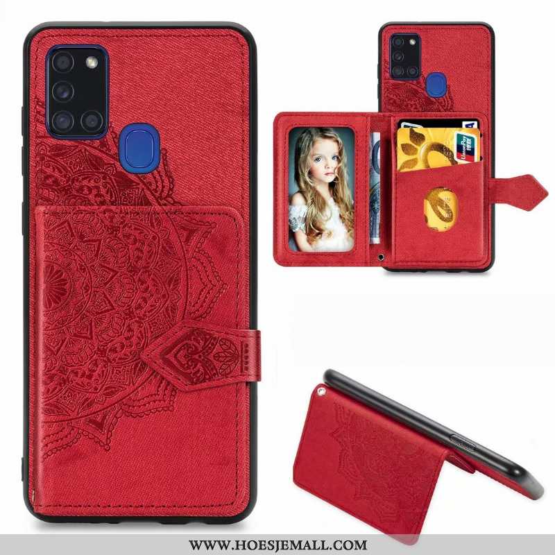 Hoesje Samsung Galaxy A21s Patroon Leren Portemonnee Rood Doek Kaart Tas